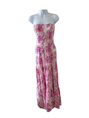 Anthropologie Abel the Label Strapless Pink Floral Tiered Maxi Dress Sz S